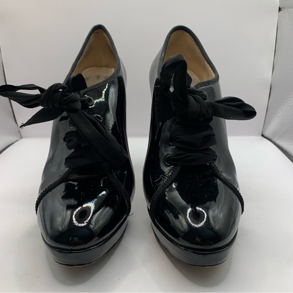 Moschino PATENT LEATHER HEELS black Oxford lace women’s size EU 37.5 US 7.5 - Picture 4 of 10